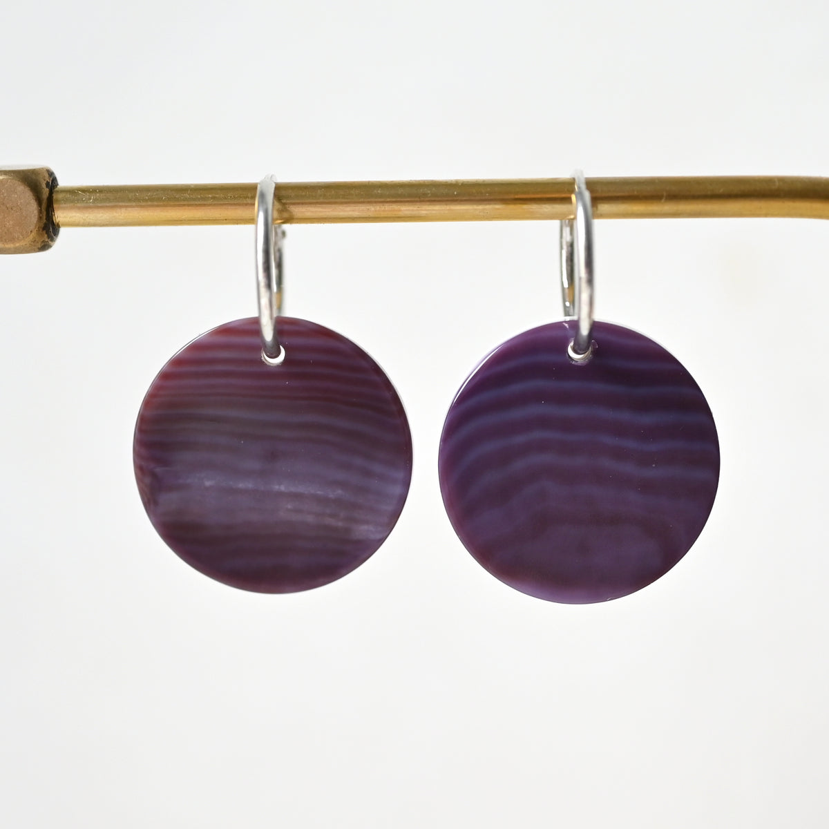 Wampum quahog coin hoop earring ,purple shell S925 silver hoop earring
