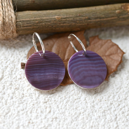 Wampum quahog coin hoop earring ,purple shell S925 silver hoop earring