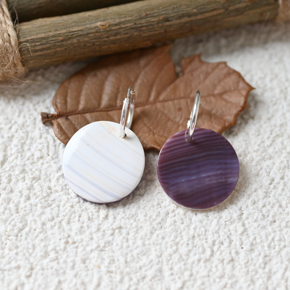 Wampum quahog coin hoop earring ,purple shell S925 silver hoop earring