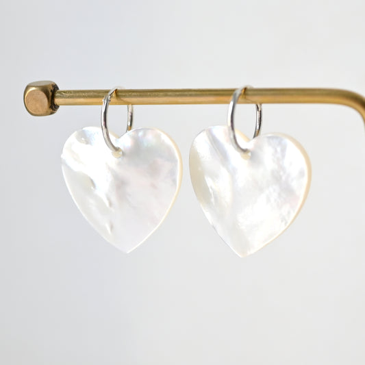 White shell heart earring ,S925 silver hoop earring ,MOP heart earring