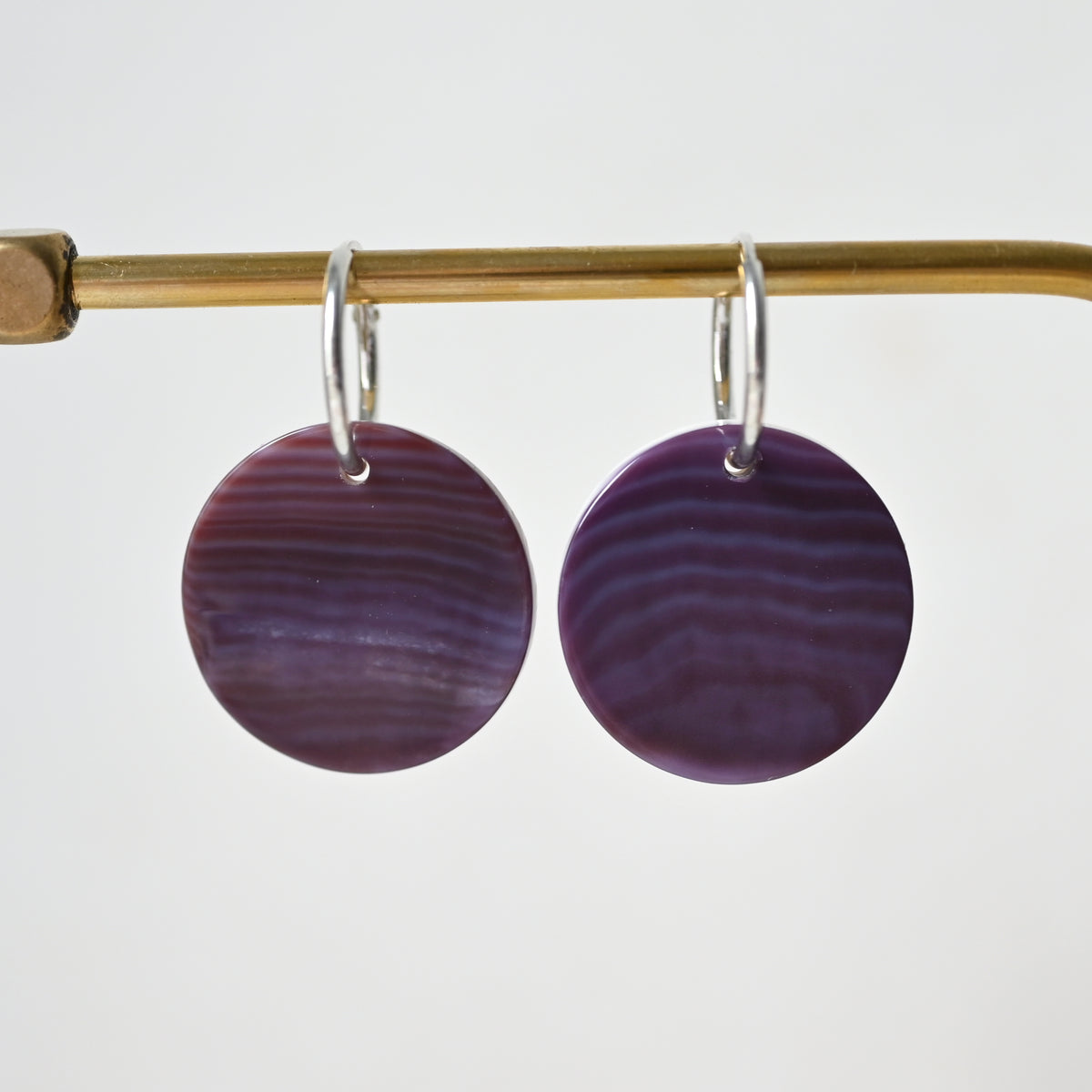 Wampum quahog coin hoop earring ,purple shell S925 silver hoop earring