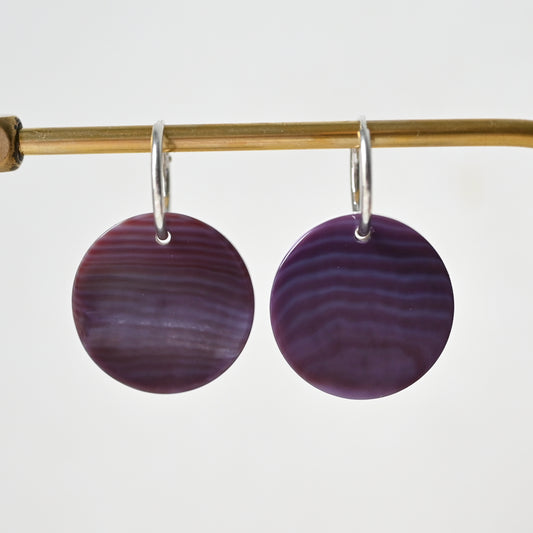 Wampum quahog coin hoop earring ,purple shell S925 silver hoop earring